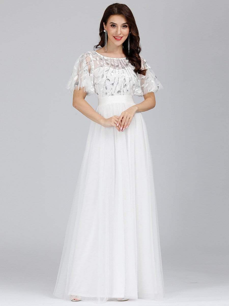 COLOR=White | Women'S A-Line Short Sleeve Embroidery Floor Length Evening Dresses-White 3