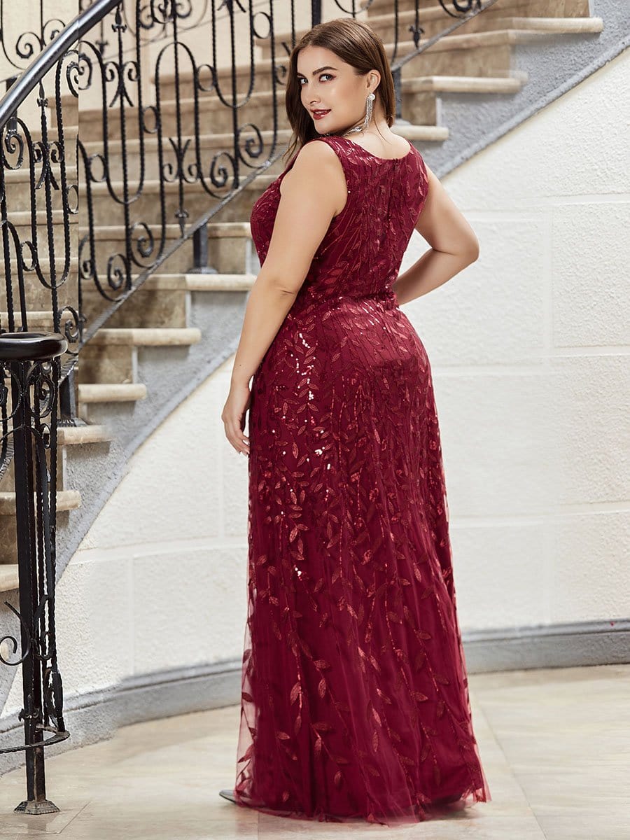 Color=Burgundy | Plus Size Women'S V-Neck Embroidery Side Split Evening Party Maxi Dress-Burgundy 2