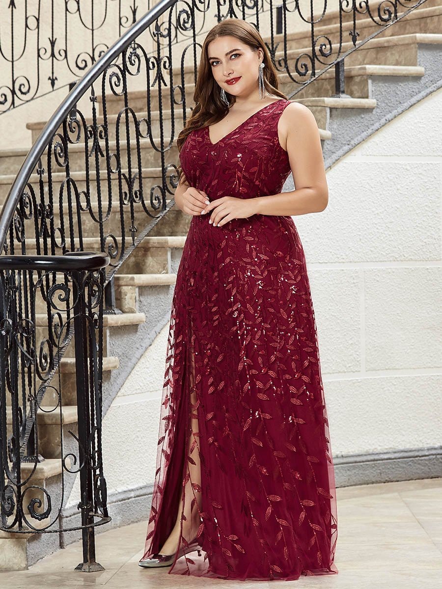 Color=Burgundy | Plus Size Women'S V-Neck Embroidery Side Split Evening Party Maxi Dress-Burgundy 3