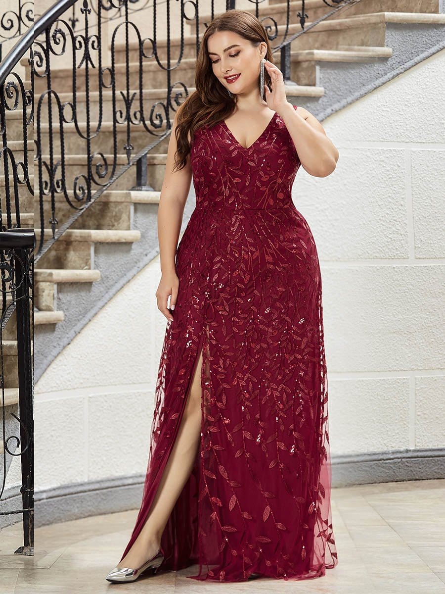 Color=Burgundy | Plus Size Women'S V-Neck Embroidery Side Split Evening Party Maxi Dress-Burgundy 4