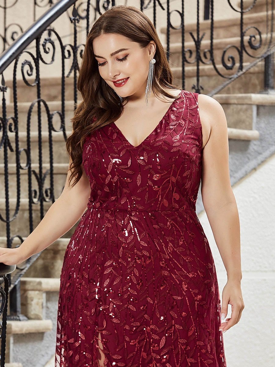 Color=Burgundy | Plus Size Women'S V-Neck Embroidery Side Split Evening Party Maxi Dress-Burgundy 5