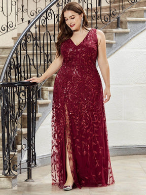Color=Burgundy | Plus Size Women'S V-Neck Embroidery Side Split Evening Party Maxi Dress-Burgundy 1