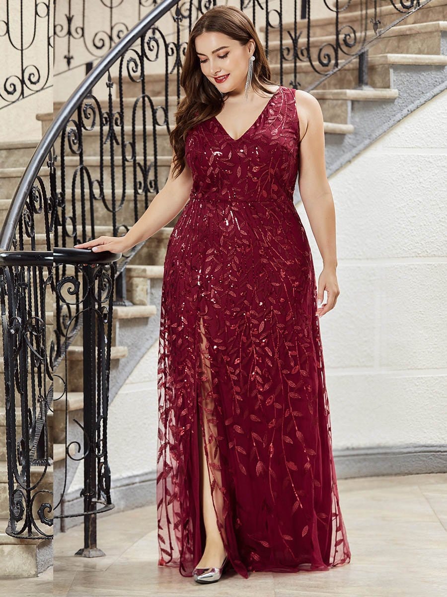 Color=Burgundy | Plus Size Women'S V-Neck Embroidery Side Split Evening Party Maxi Dress-Burgundy 1