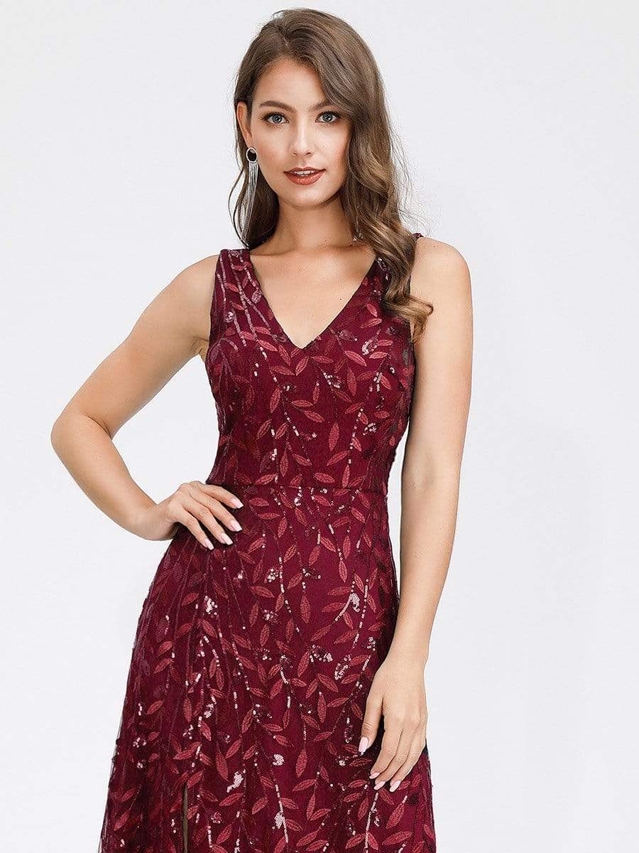 Color=Burgundy | Women'S V-Neck Embroidery Side Split Evening Party Maxi Dress-Burgundy 5