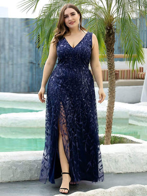 Color=Navy Blue | Plus Size Women'S V-Neck Embroidery Side Split Evening Party Maxi Dress-Navy Blue 1