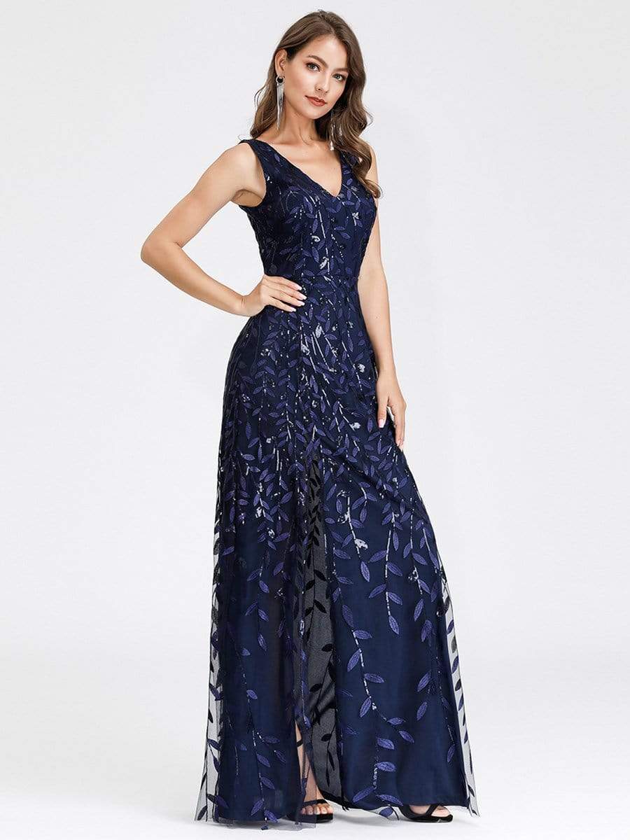 Color=Navy Blue | Women'S V-Neck Embroidery Side Split Evening Party Maxi Dress-Navy Blue 3