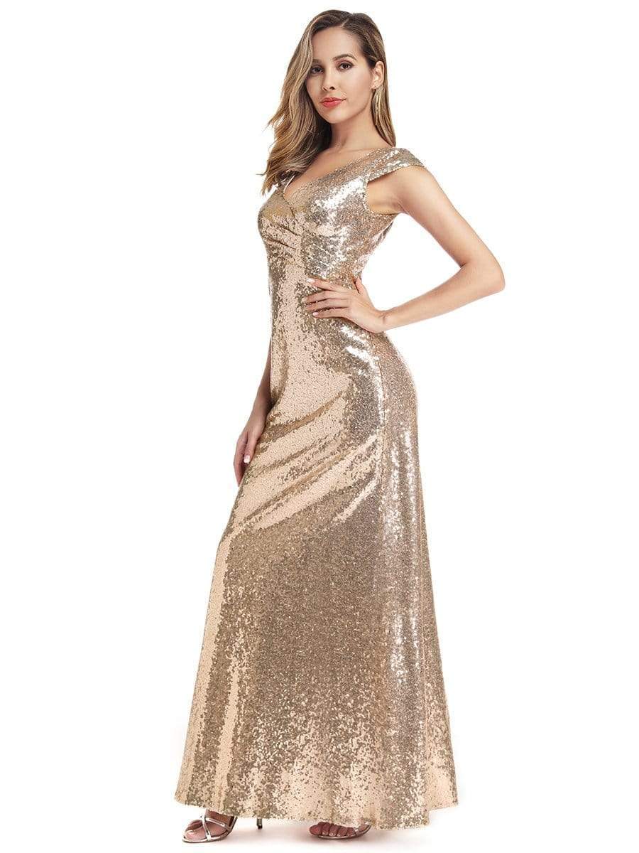 Color=Rose Gold | Women'S Double V-Neck Wrap Sequin Dress Bodycon Evening Dress-Rose Gold 3