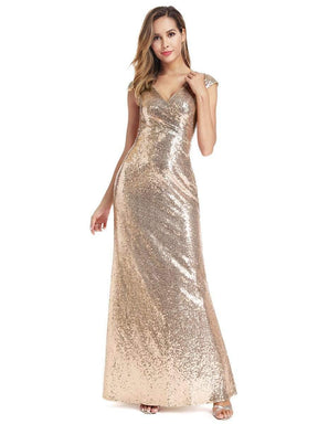 Color=Rose Gold | Women'S Double V-Neck Wrap Sequin Dress Bodycon Evening Dress-Rose Gold 4