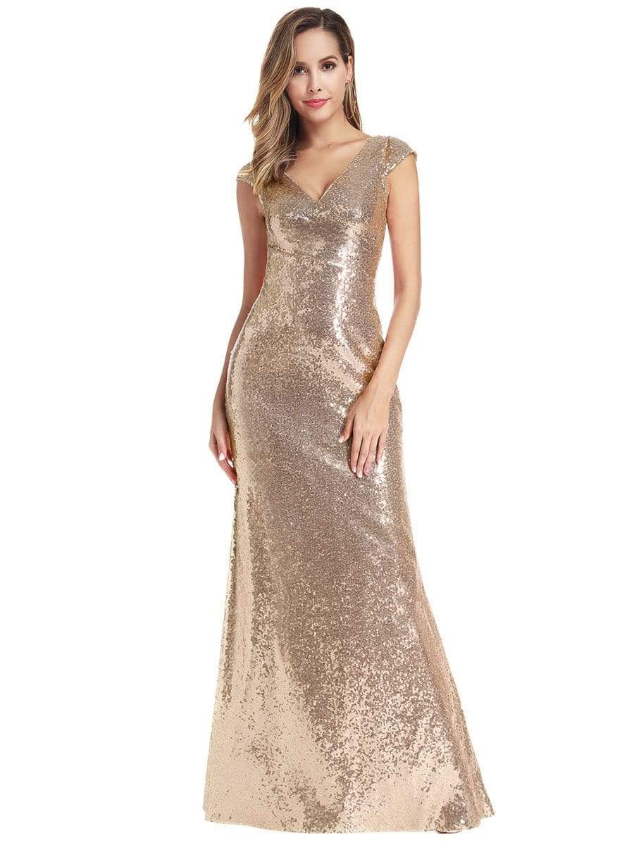 Color=Rose Gold | Women'S Double V-Neck Wrap Sequin Dress Bodycon Evening Dress-Rose Gold 1