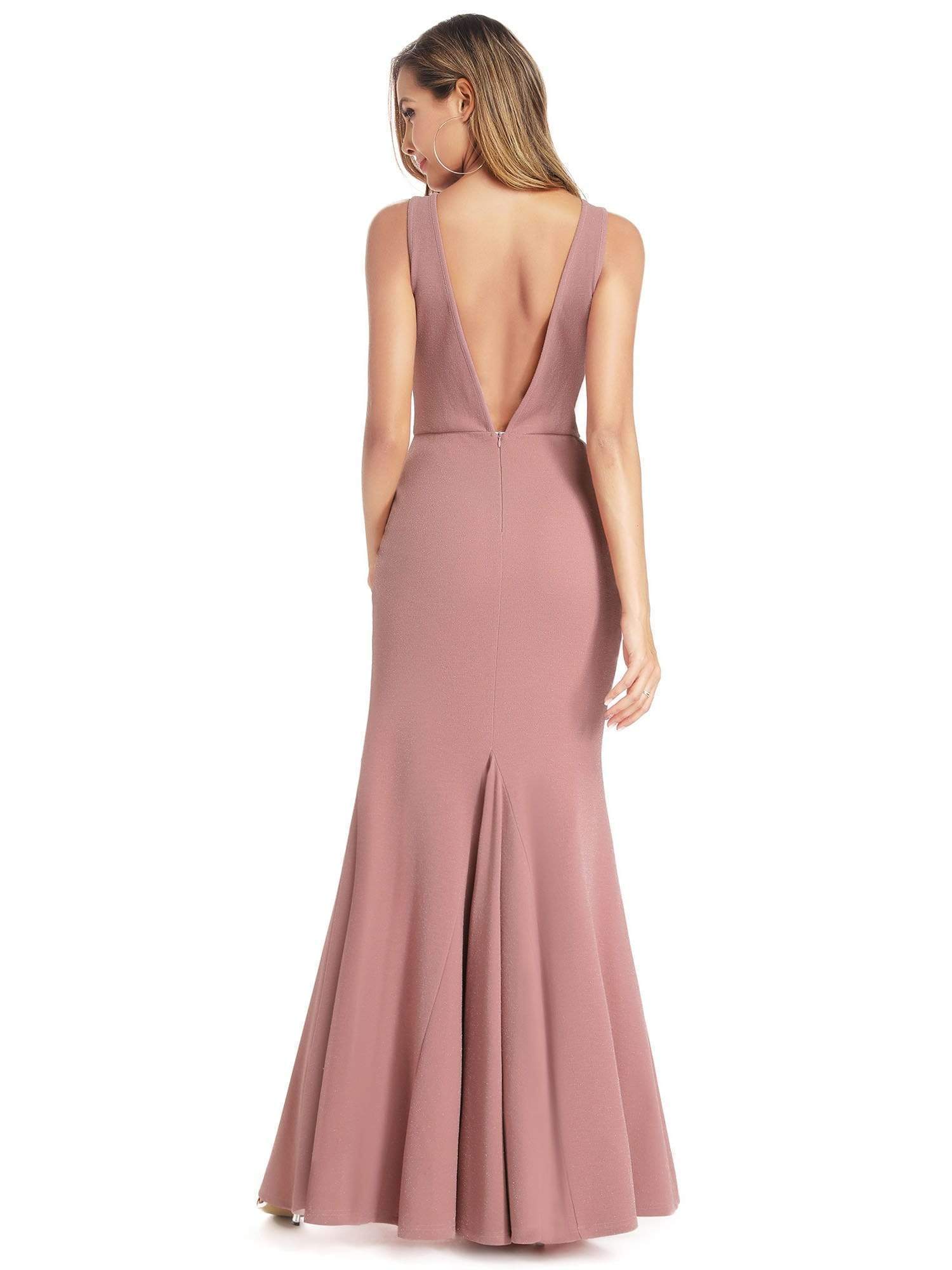 Color=Pink | Women'S V-Neck Backless Bodycon Floor Length Dress-Pink 2