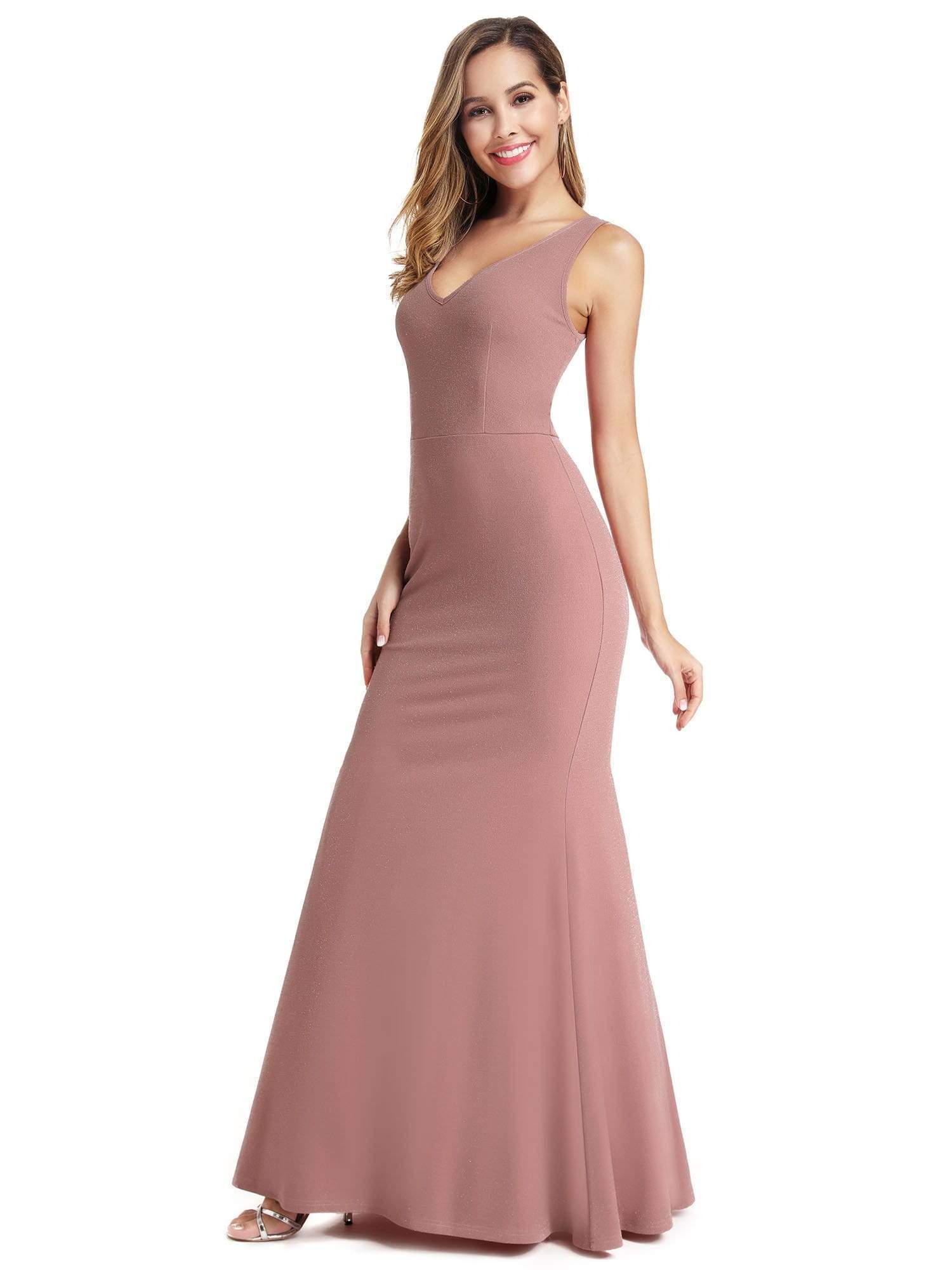 Color=Pink | Women'S V-Neck Backless Bodycon Floor Length Dress-Pink 3