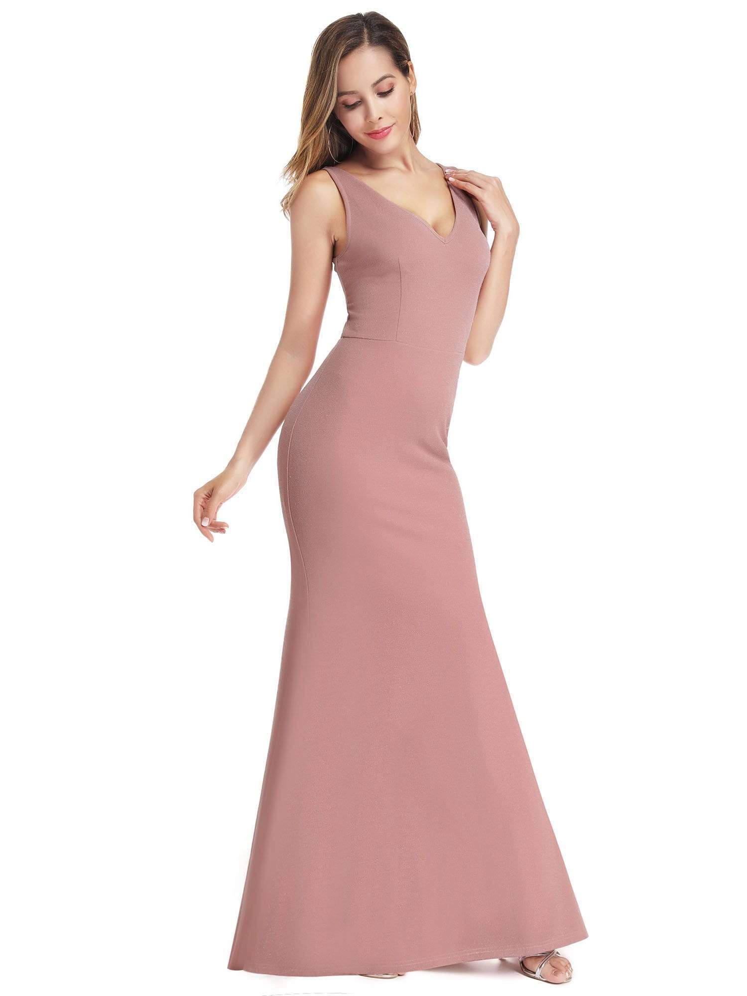 Color=Pink | Women'S V-Neck Backless Bodycon Floor Length Dress-Pink 4