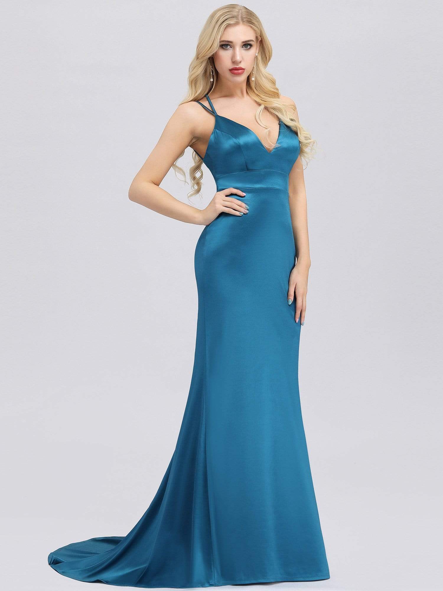 Color=Teal | Sexy Backless Deep V-Neck Mermaid Dress With Spaghetti Straps-Teal 3