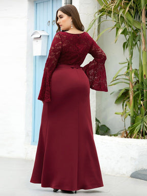 Color=Burgundy | Casaul Bodycon Plus Size Evening Dress with Flare Sleeves-Burgundy 2
