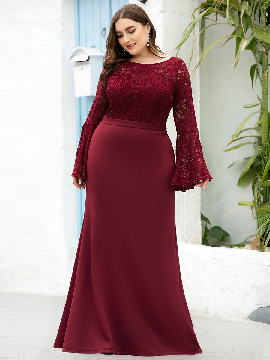 Color=Burgundy | Casaul Bodycon Plus Size Evening Dress with Flare Sleeves-Burgundy 3