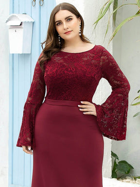 Color=Burgundy | Casaul Bodycon Plus Size Evening Dress with Flare Sleeves-Burgundy 5