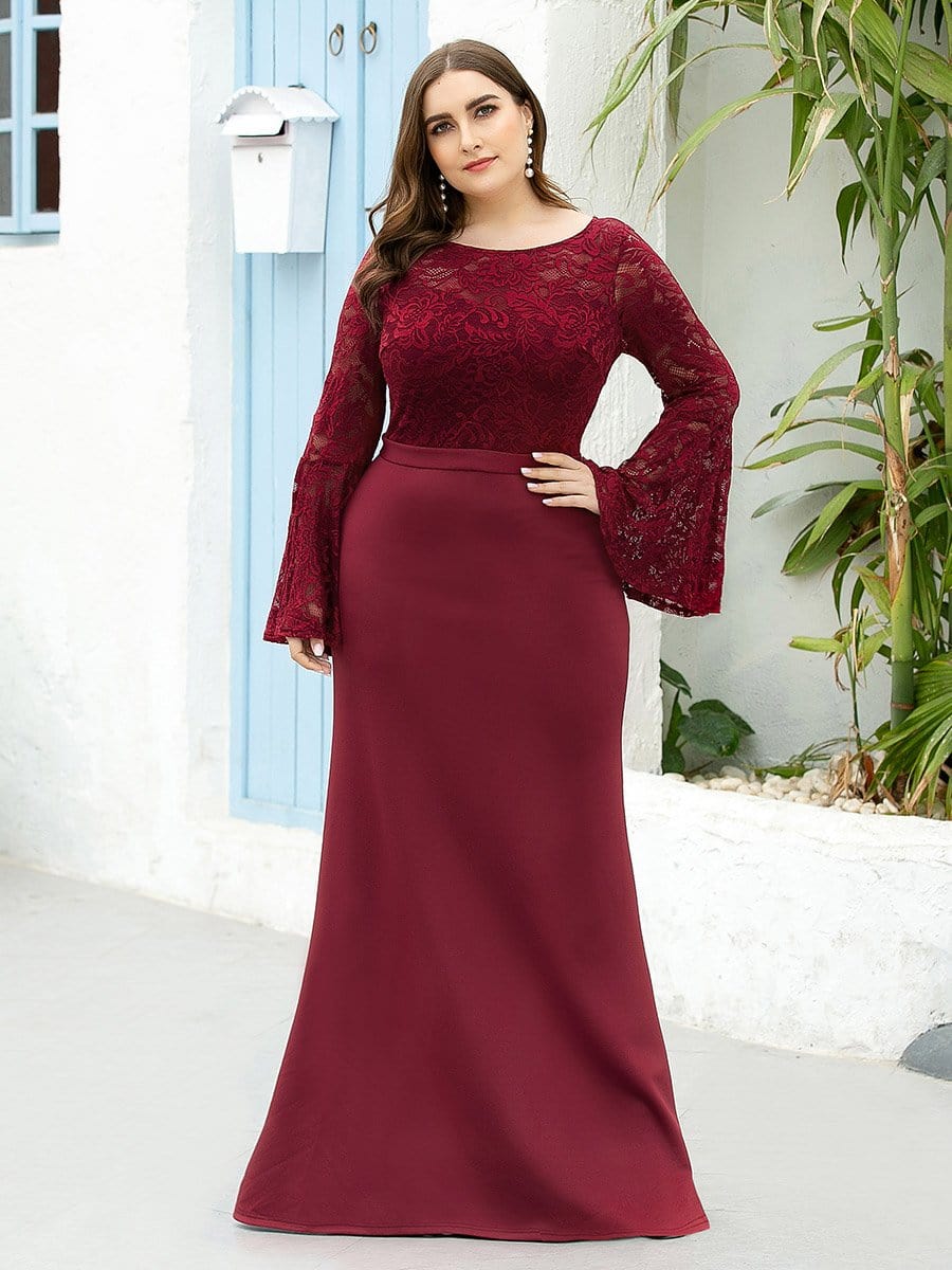 Color=Burgundy | Elegant Round Neckline Lace Mermaid Evening Dress-Burgundy 6