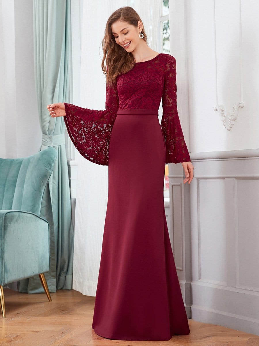 Color=Burgundy | Elegant Round Neckline Lace Mermaid Evening Dress-Burgundy 3
