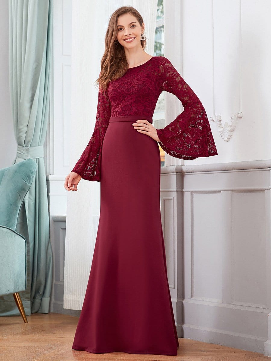 Color=Burgundy | Elegant Round Neckline Lace Mermaid Evening Dress-Burgundy 1