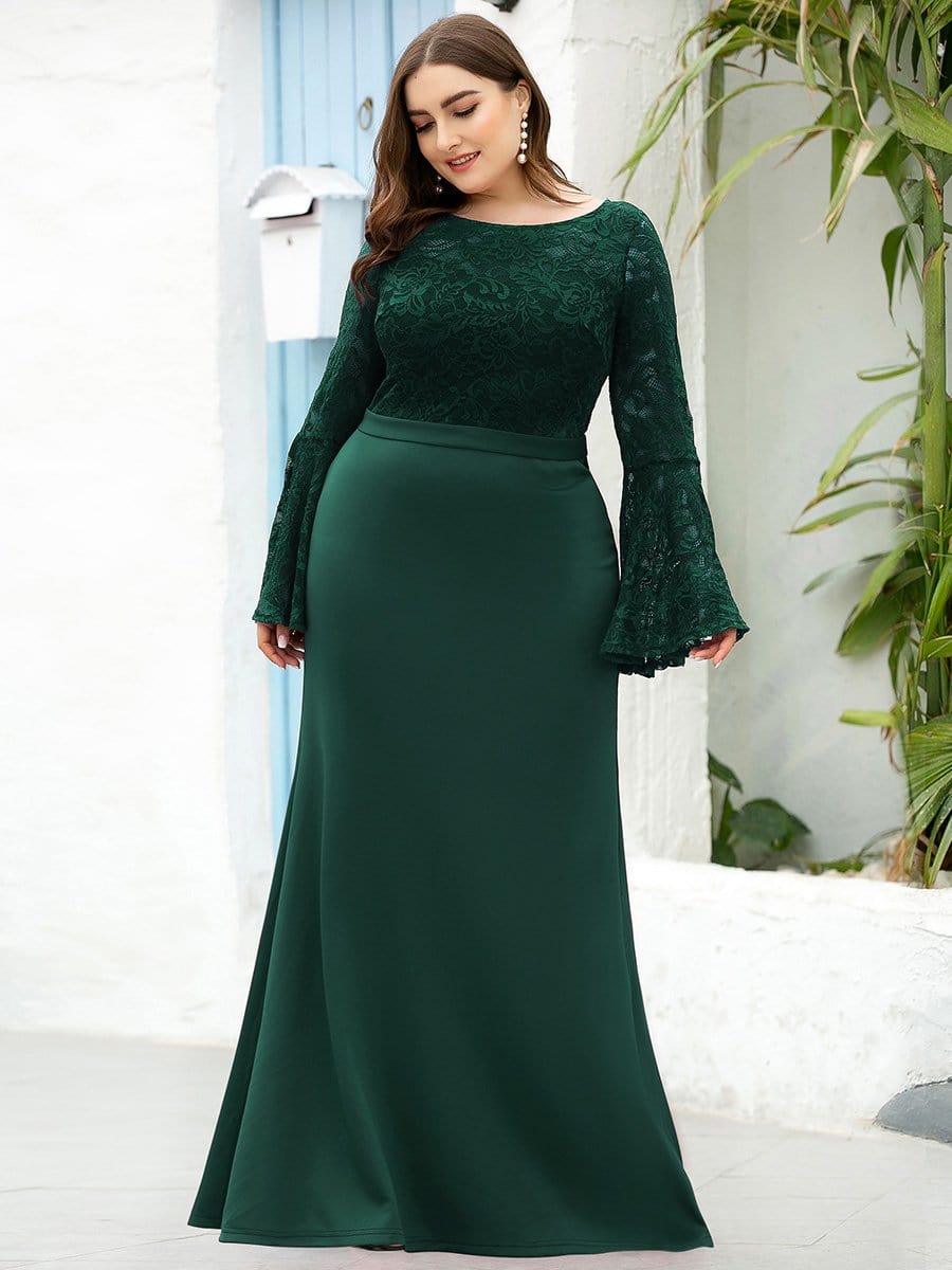 Color=Dark Green | Casaul Bodycon Plus Size Evening Dress with Flare Sleeves-Dark Green 3