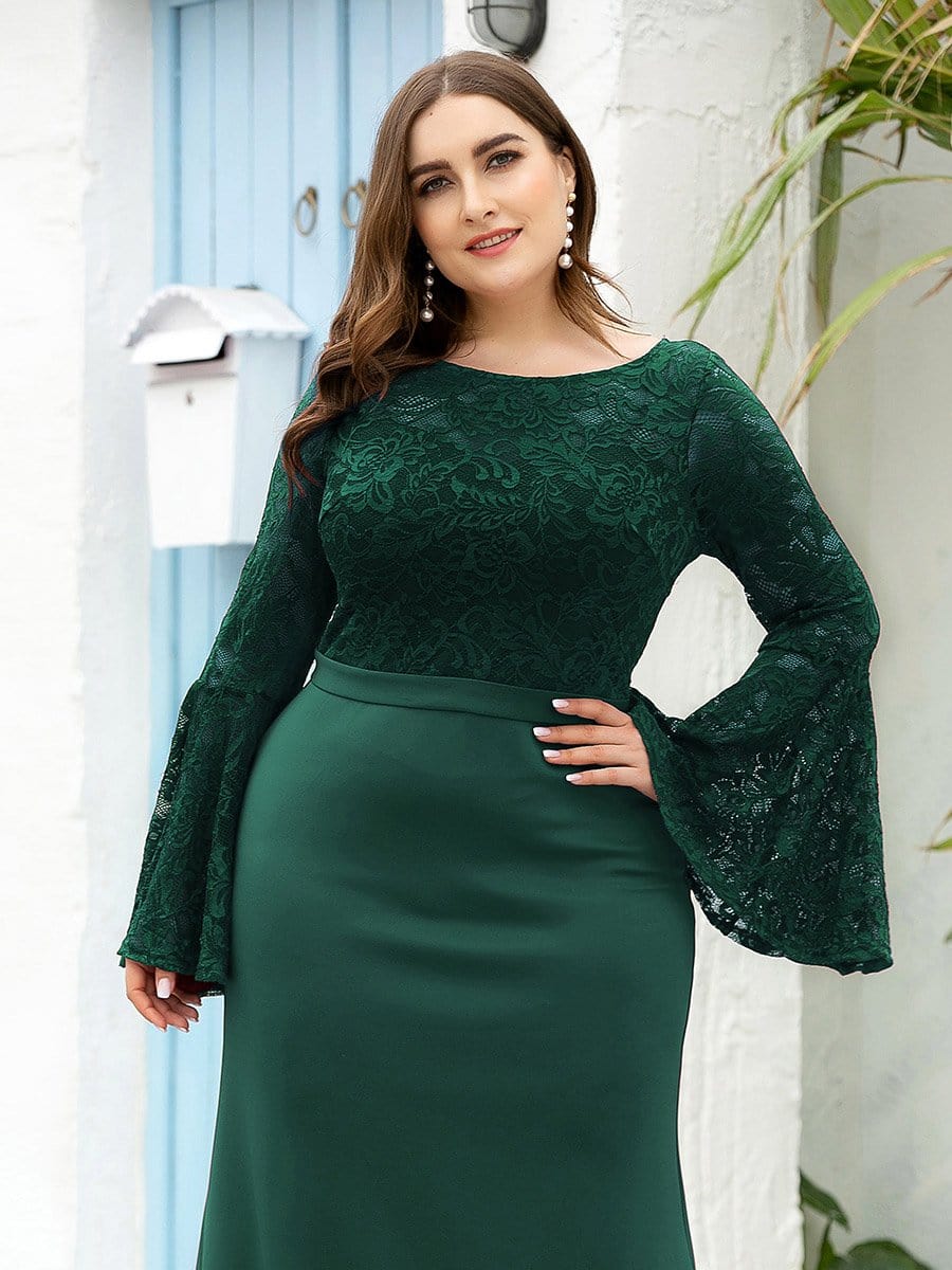 Color=Dark Green | Casaul Bodycon Plus Size Evening Dress with Flare Sleeves-Dark Green 5