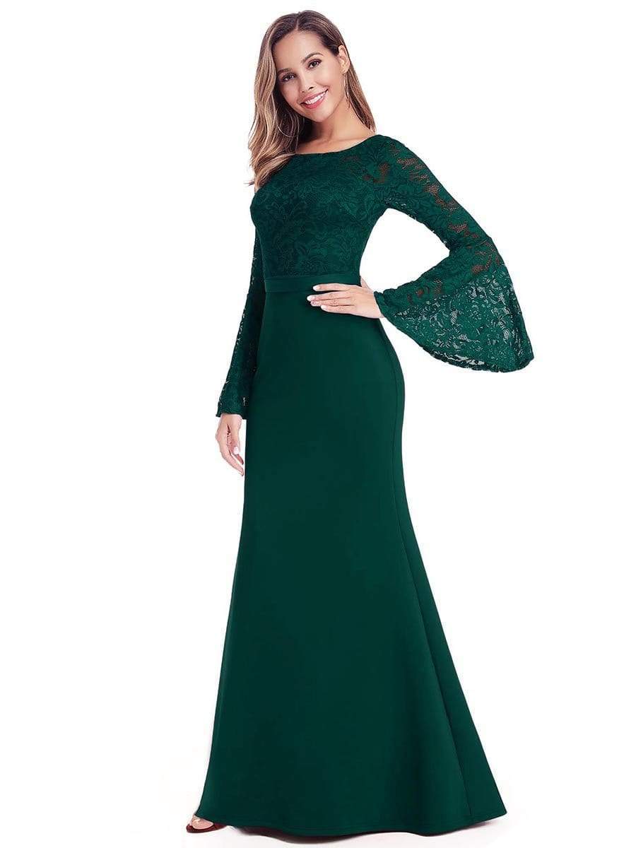 Color=Dark Green | Elegant Round Neckline Lace Mermaid Evening Dress-Dark Green 4