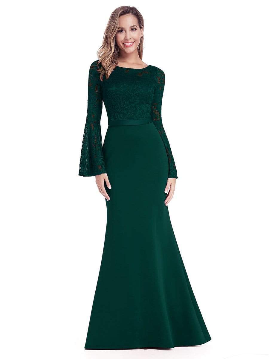 Color=Dark Green | Elegant Round Neckline Lace Mermaid Evening Dress-Dark Green 1