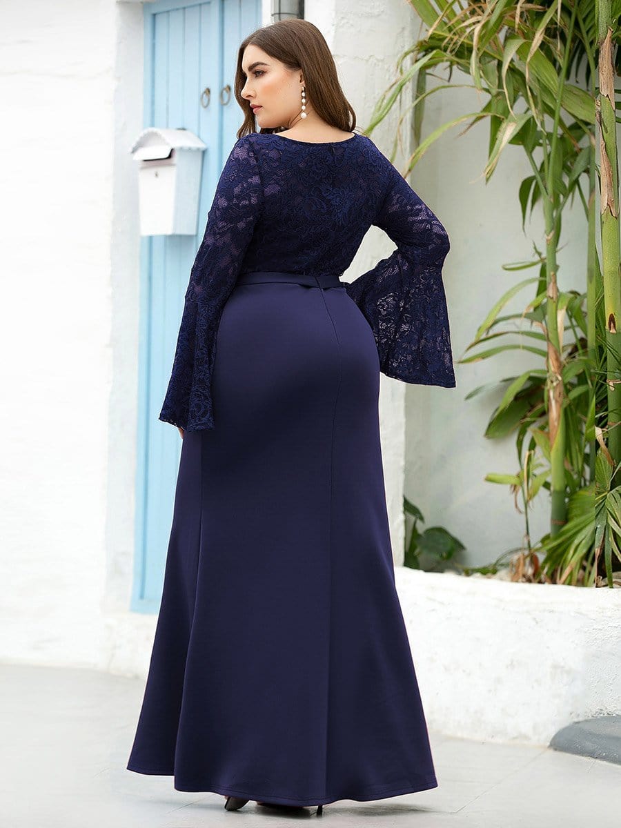 Color=Navy Blue | Casaul Bodycon Plus Size Evening Dress with Flare Sleeves-Navy Blue 2
