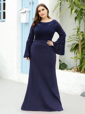 Color=Navy Blue | Casaul Bodycon Plus Size Evening Dress with Flare Sleeves-Navy Blue 3