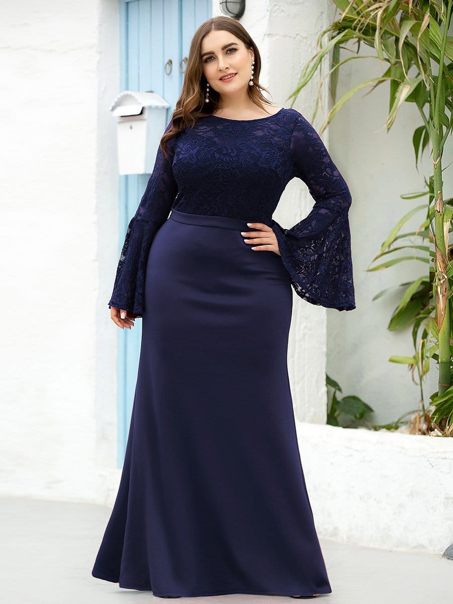 Color=Navy Blue | Casaul Bodycon Plus Size Evening Dress with Flare Sleeves-Navy Blue 4
