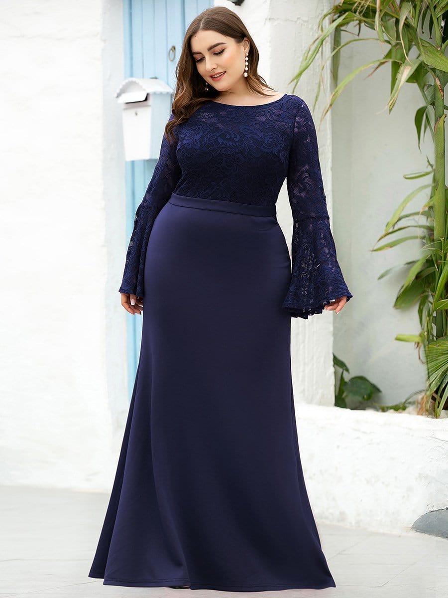 Color=Navy Blue | Casaul Bodycon Plus Size Evening Dress with Flare Sleeves-Navy Blue 1