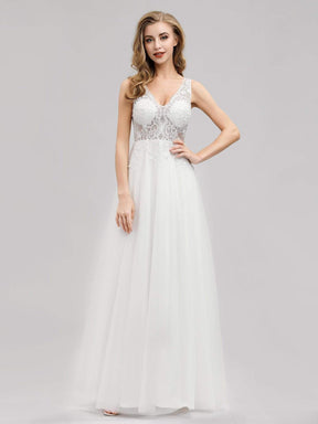 Color=Cream | V Neck Minimalist Tulle Wedding Dress-Cream 3