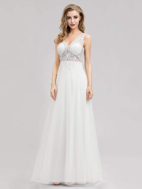 Color=Cream | V Neck Minimalist Tulle Wedding Dress-Cream 1