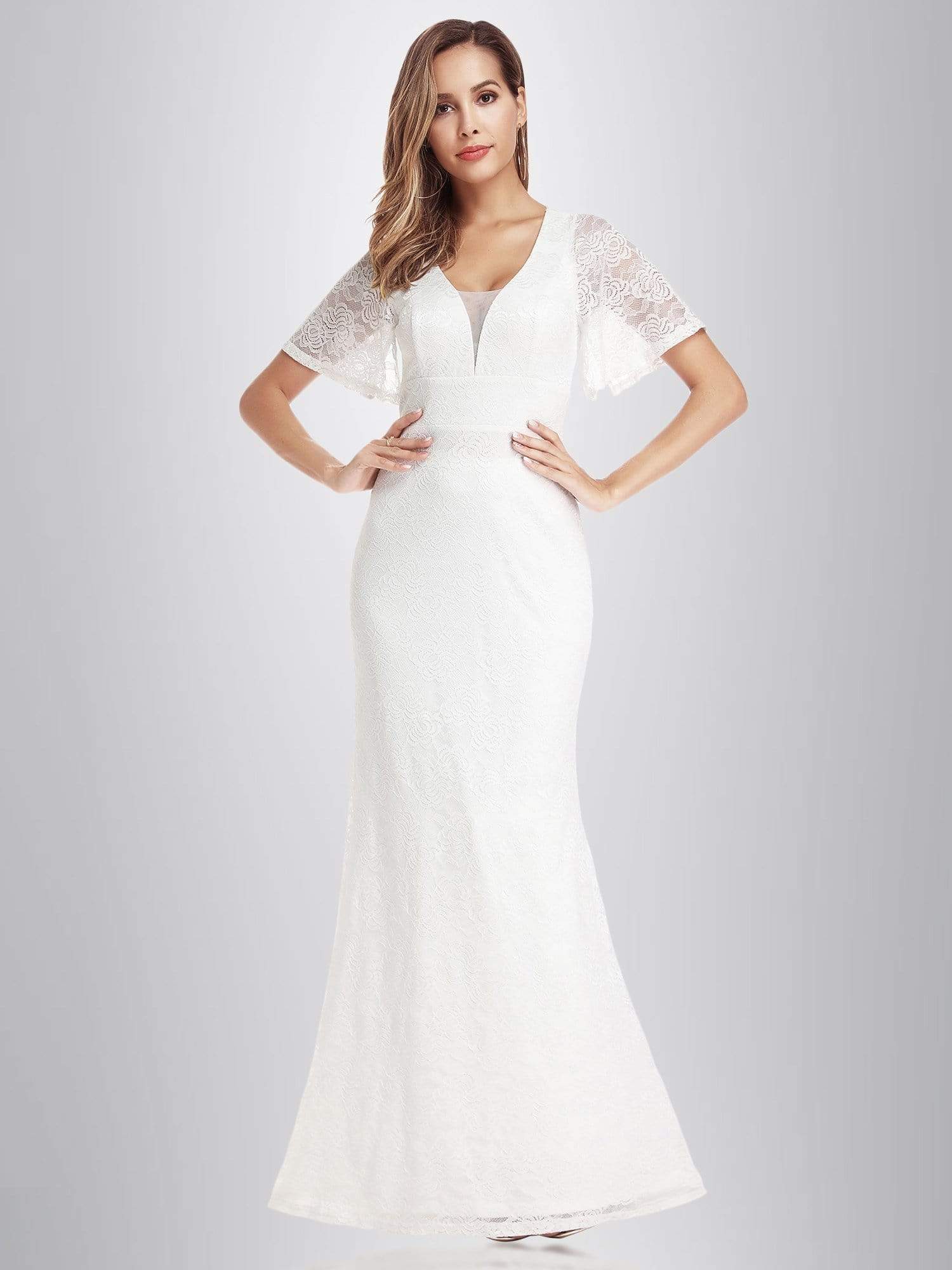 Color=White | Ever-Pretty Fishtail Lace Wedding Dresses With Cap Sleeve-White 1