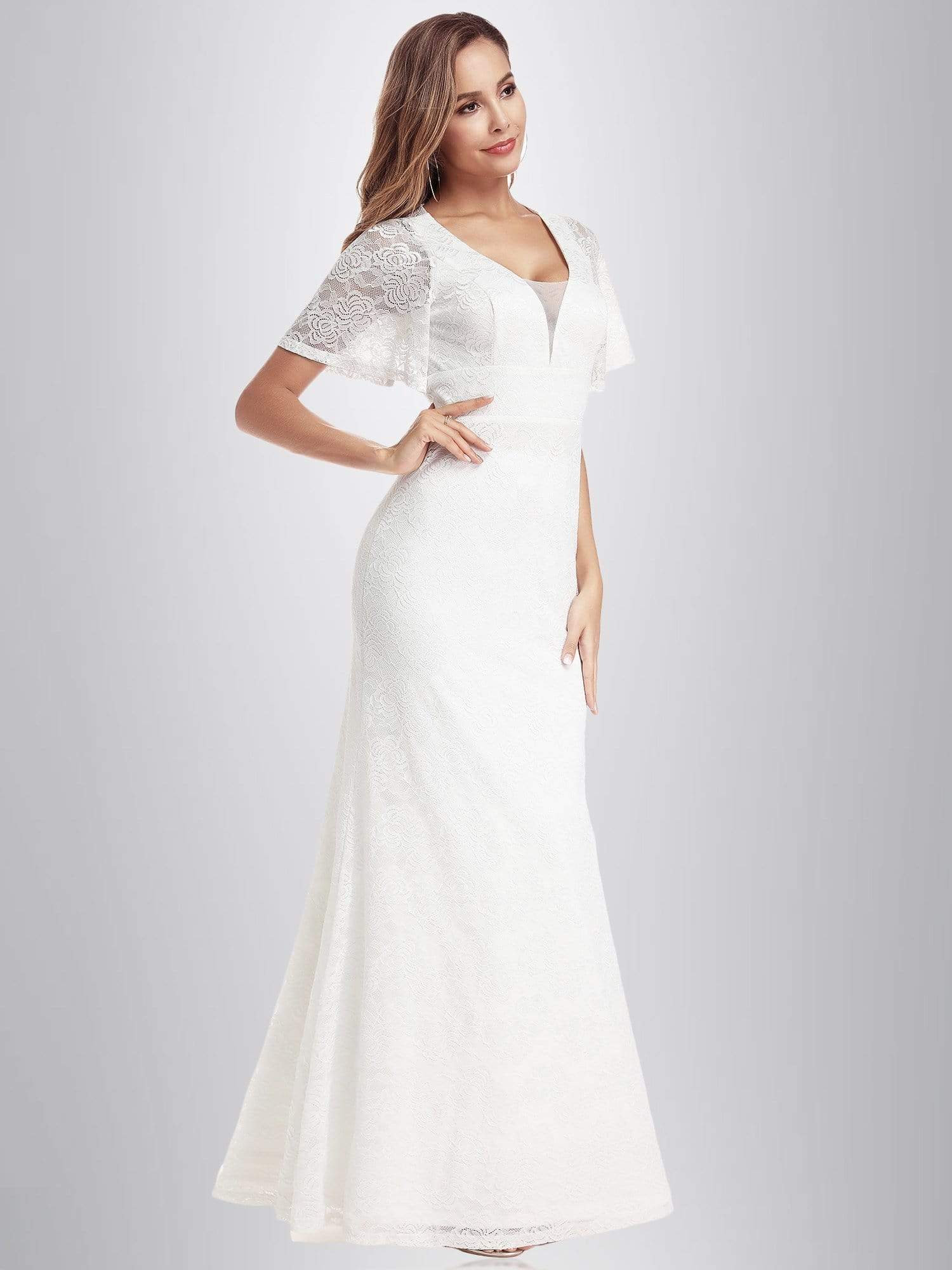 Color=White | Ever-Pretty Fishtail Lace Wedding Dresses With Cap Sleeve-White 2