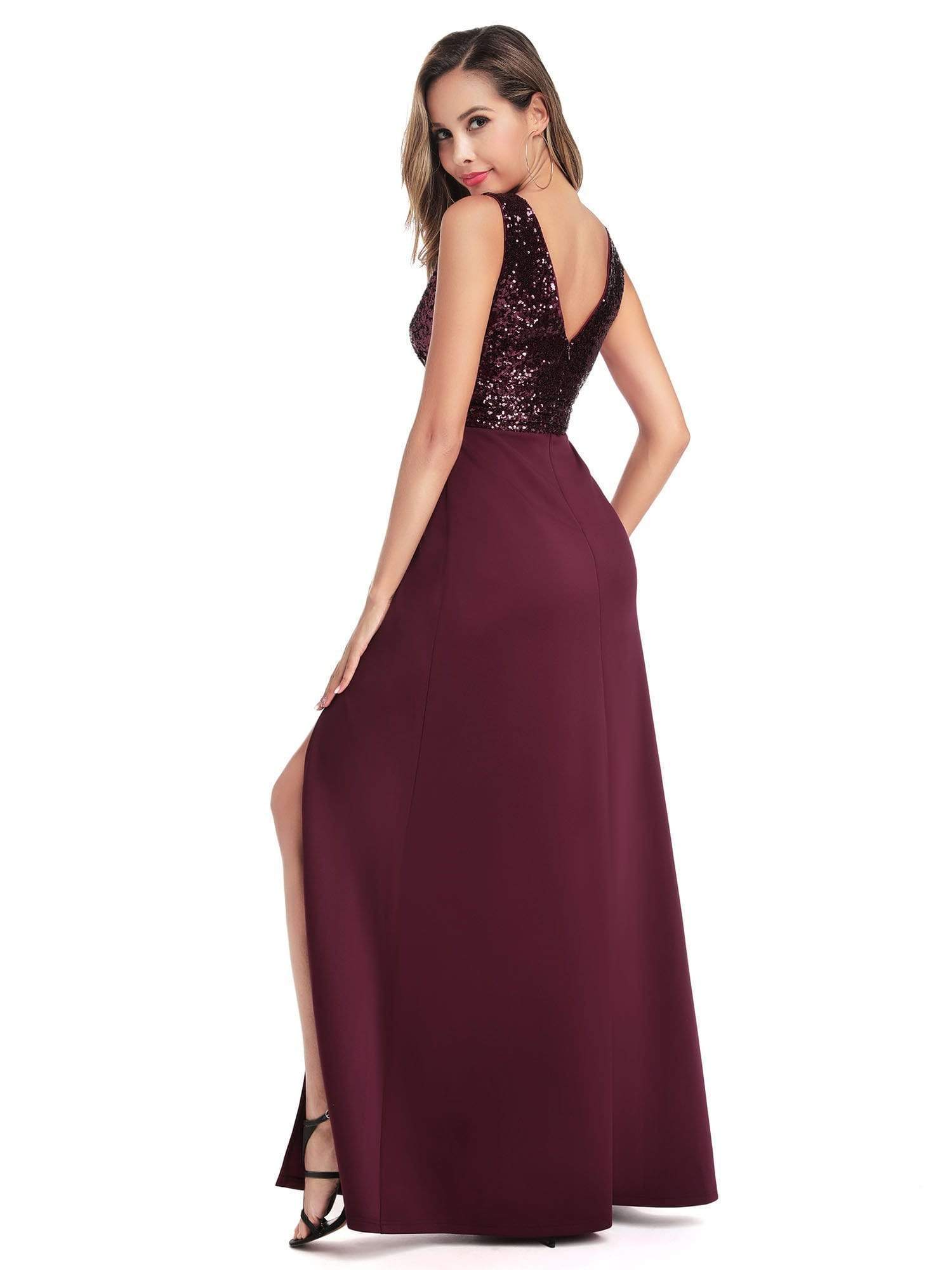 Color=Burgundy | Sexy V Neck High Slit Sequin Dress-Burgundy 3