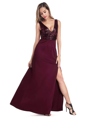 Color=Burgundy | Sexy V Neck High Slit Sequin Dress-Burgundy 2