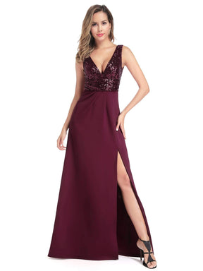 Color=Burgundy | Sexy V Neck High Slit Sequin Dress-Burgundy 4