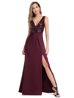 Color=Burgundy | Sexy V Neck High Slit Sequin Dress-Burgundy 1
