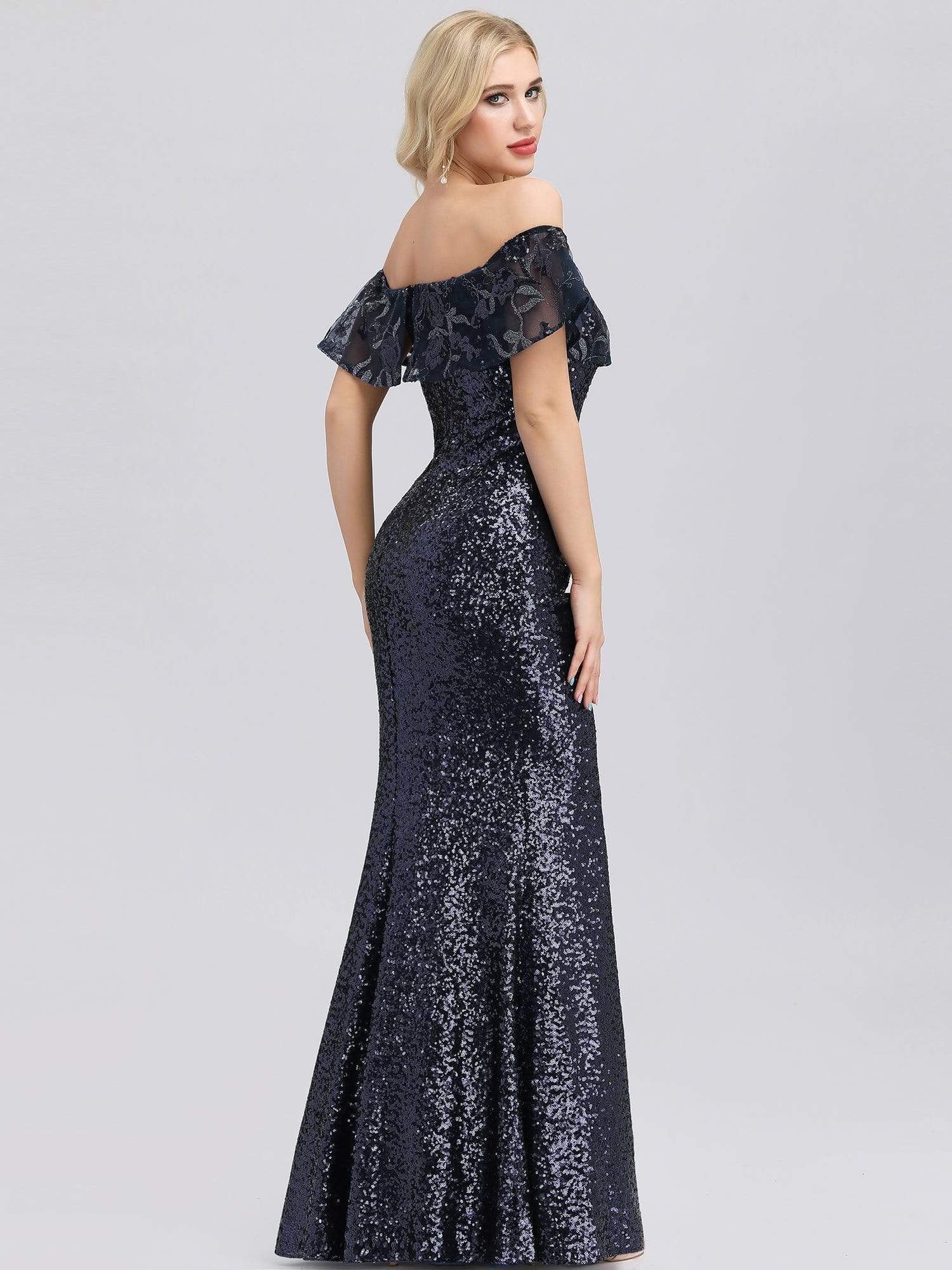 Color=Navy Blue | Women'S Off Shoulder Ruffle Sleeve Sequin Evening Dress-Navy Blue 6