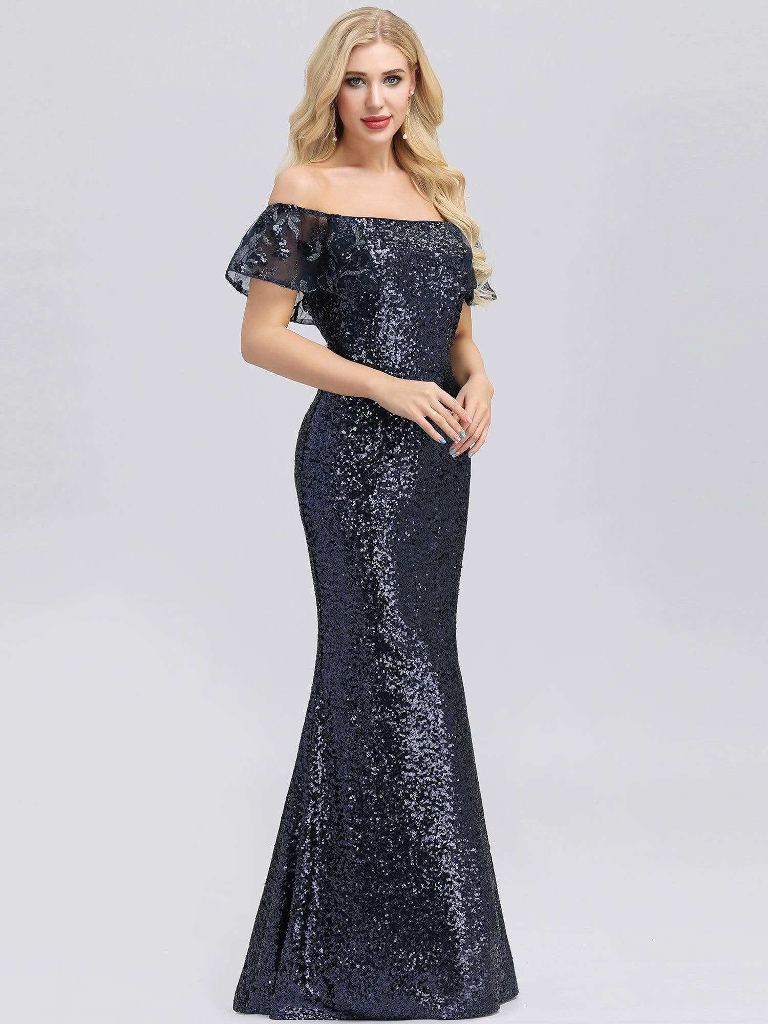 Color=Navy Blue | Women'S Off Shoulder Ruffle Sleeve Sequin Evening Dress-Navy Blue 2