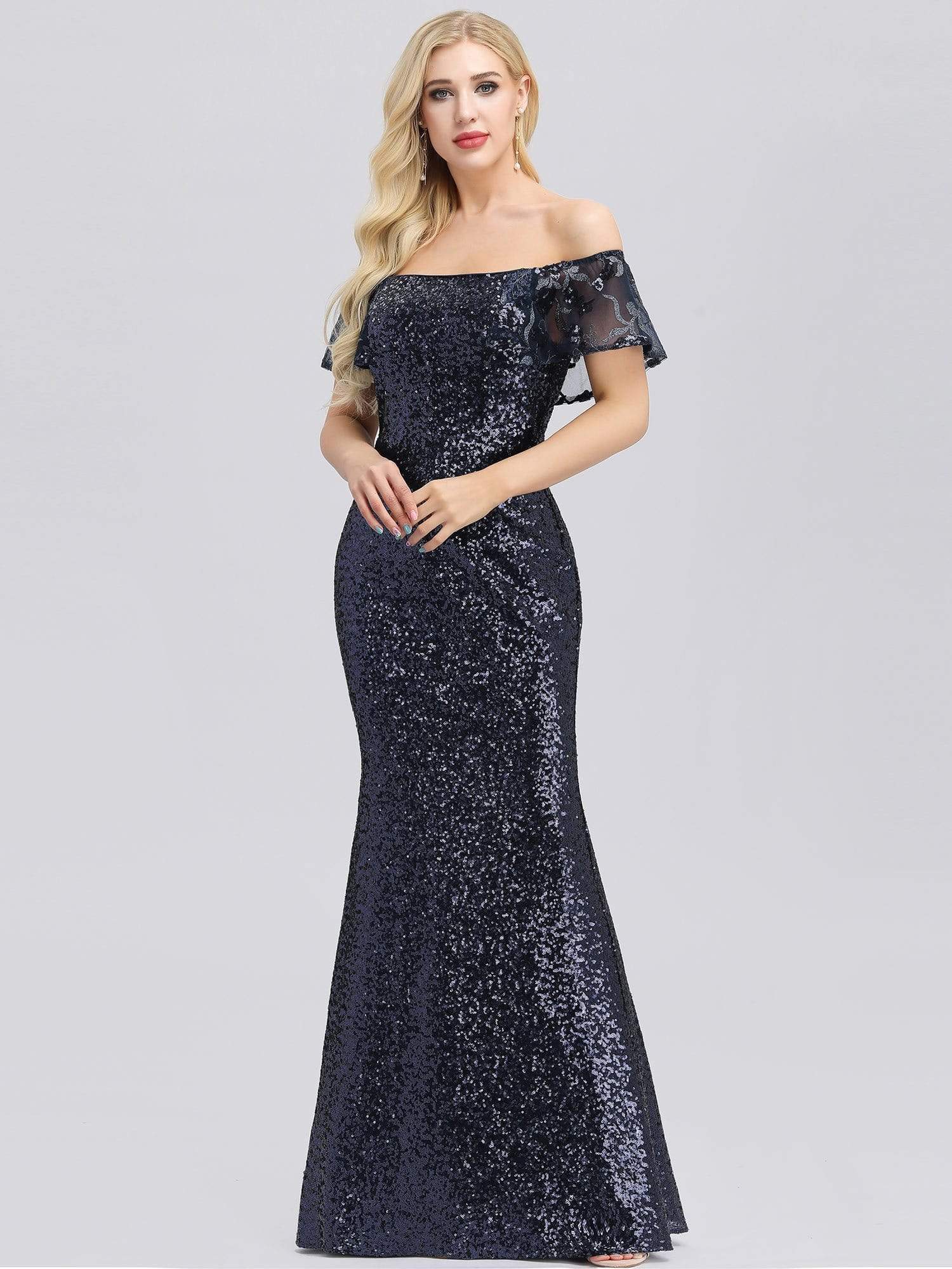 Color=Navy Blue | Women'S Off Shoulder Ruffle Sleeve Sequin Evening Dress-Navy Blue 3