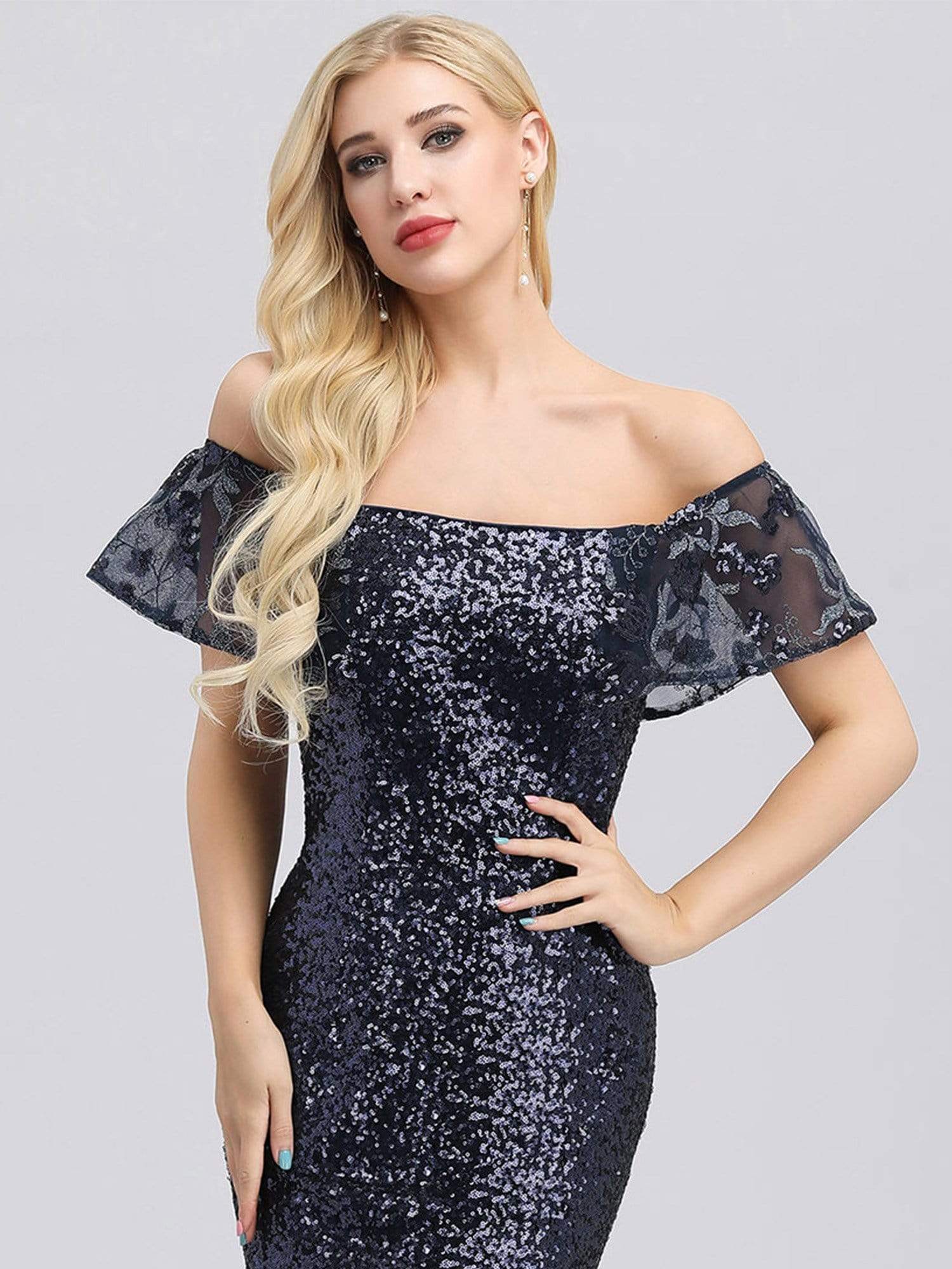 Color=Navy Blue | Women'S Off Shoulder Ruffle Sleeve Sequin Evening Dress-Navy Blue 4