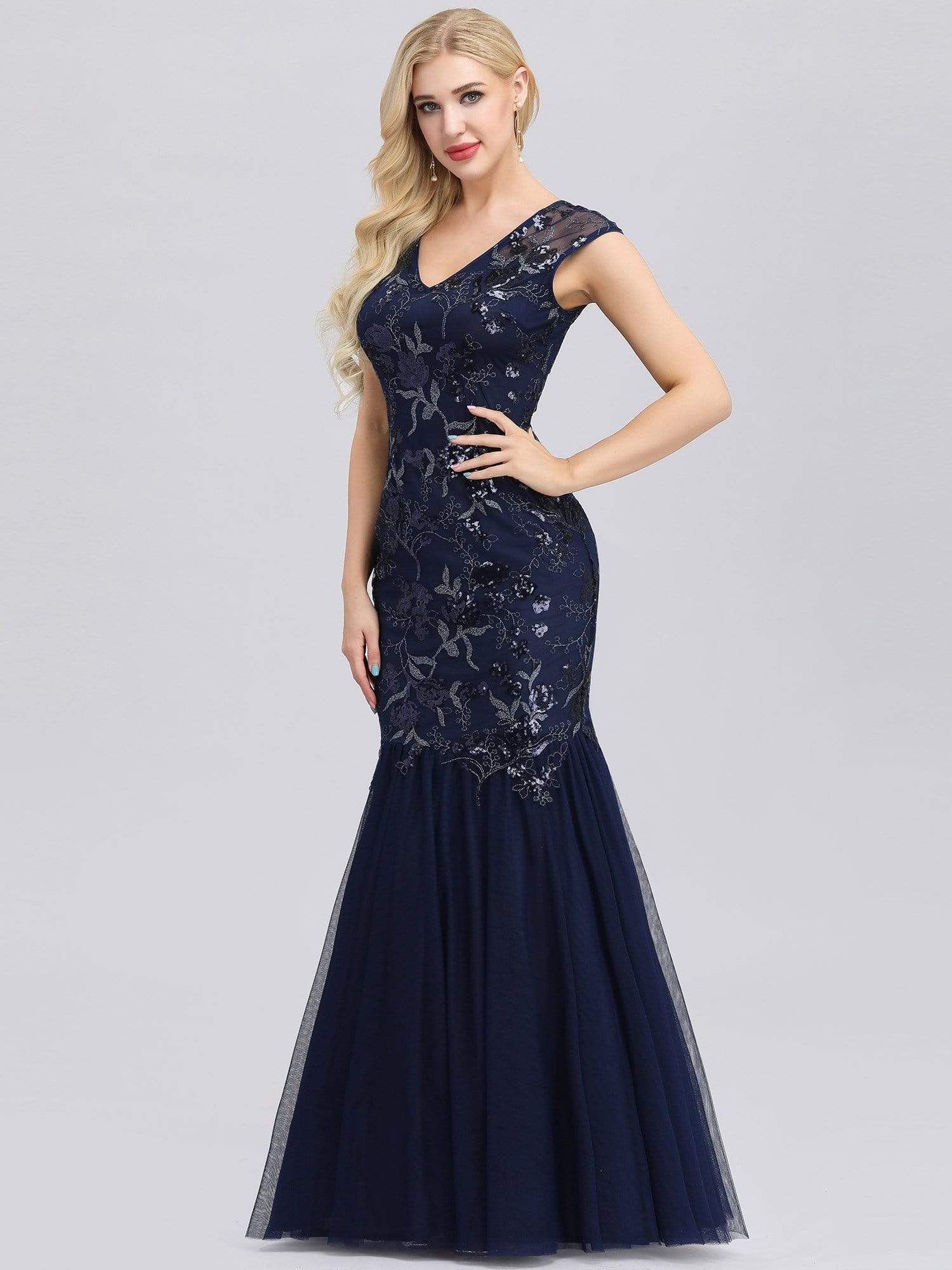 Color=Navy Blue | Women'S V-Neck Beaded Bodycon Mermaid Dress Evening Gowns-Navy Blue 4