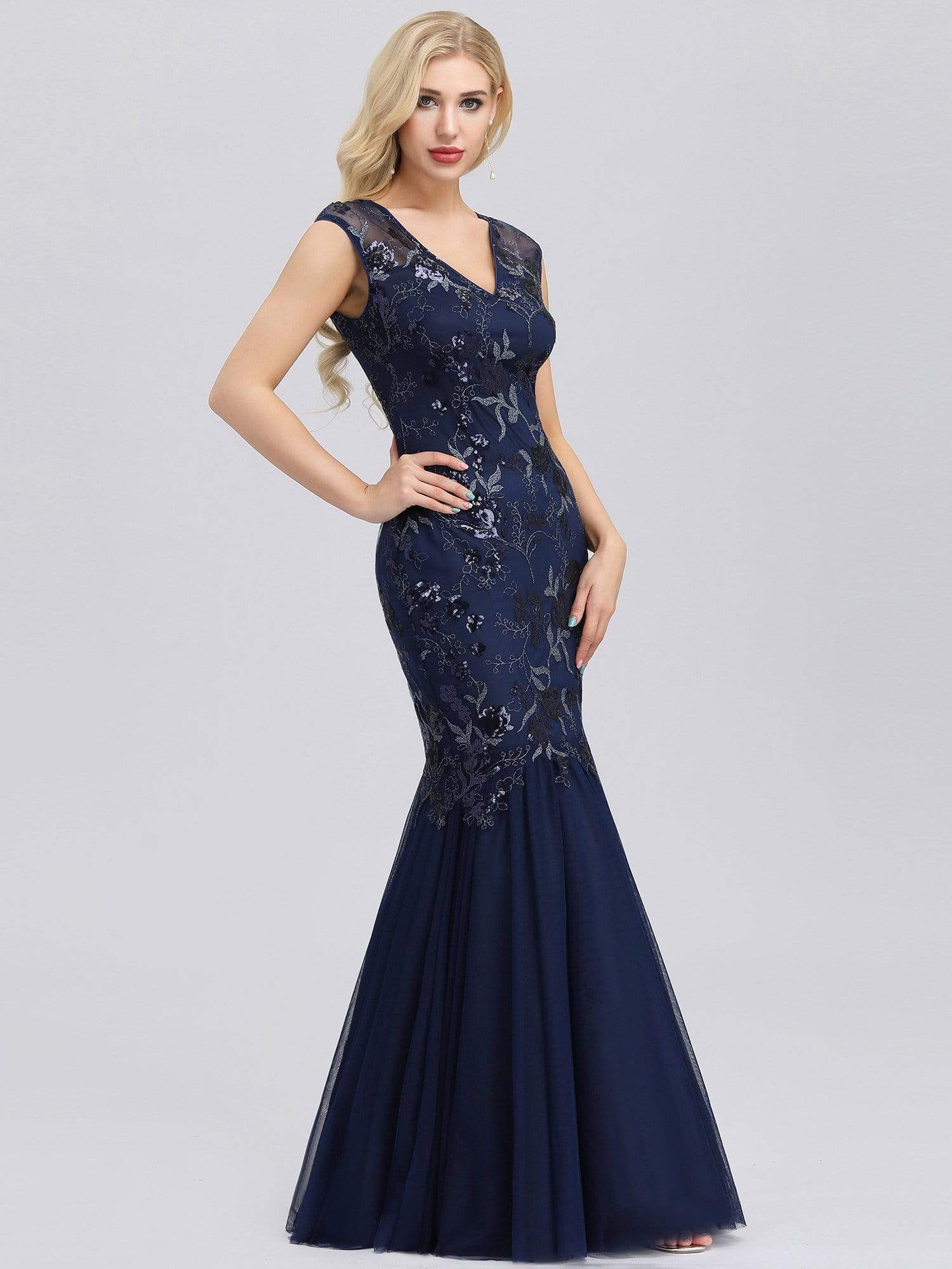 Color=Navy Blue | Women'S V-Neck Beaded Bodycon Mermaid Dress Evening Gowns-Navy Blue 5