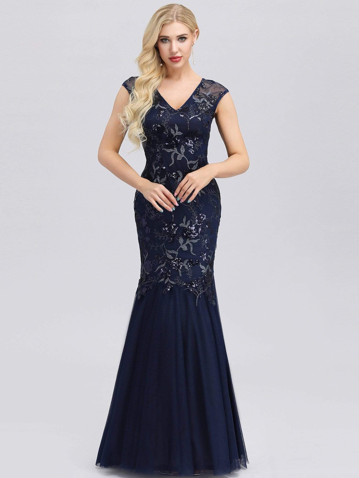 Color=Navy Blue | Women'S V-Neck Beaded Bodycon Mermaid Dress Evening Gowns-Navy Blue 2