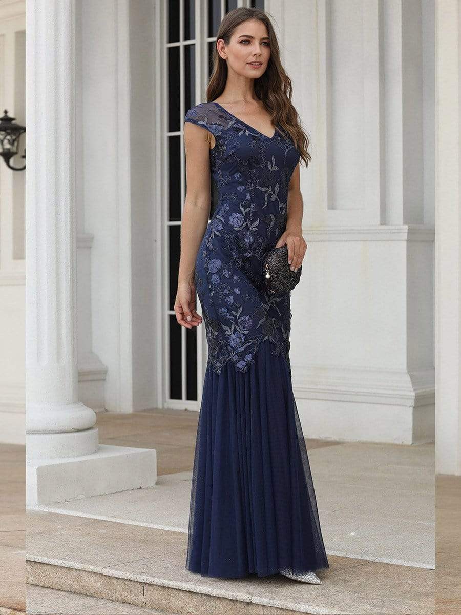 Color=Navy Blue | Women'S V-Neck Beaded Bodycon Mermaid Dress Evening Gowns-Navy Blue 1