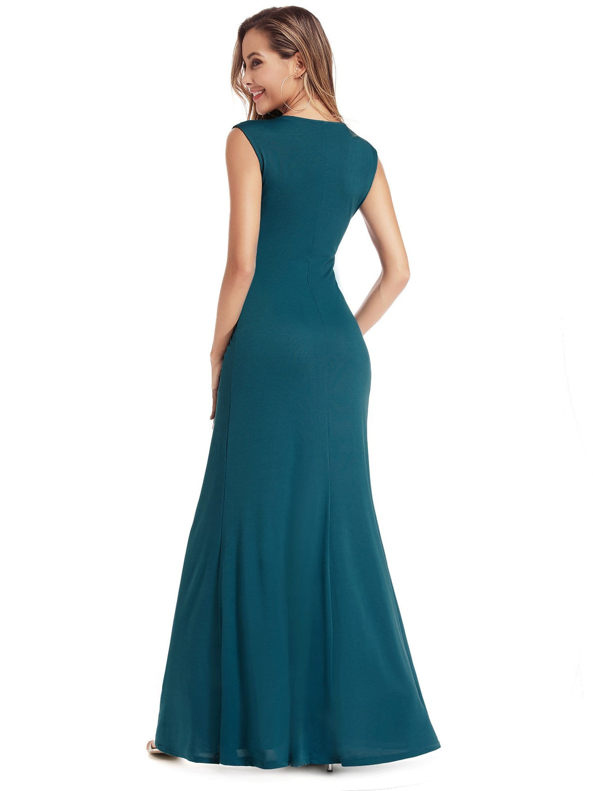 Color=Teal | Women'S V-Neck Wrap Sleeveless Floor Length Maxi Dress-Teal 2