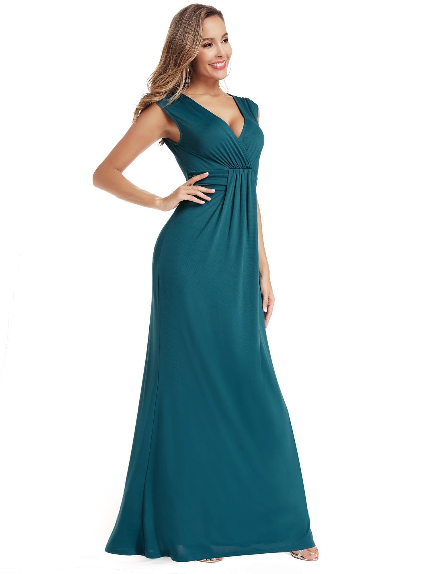 Color=Teal | Women'S V-Neck Wrap Sleeveless Floor Length Maxi Dress-Teal 3