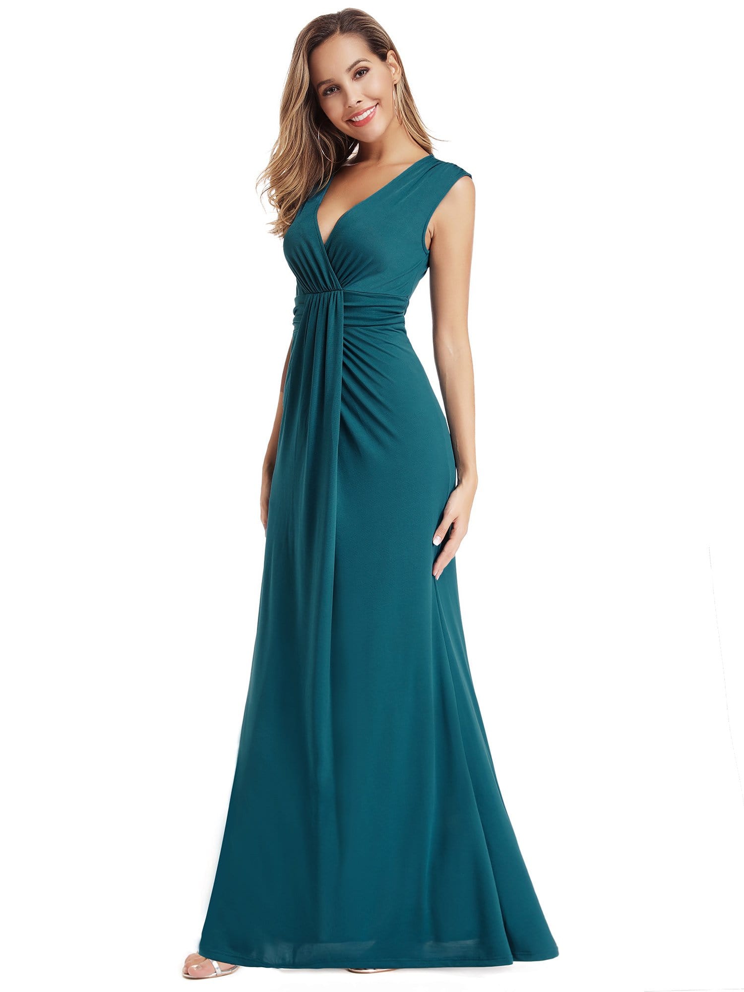 Color=Teal | Women'S V-Neck Wrap Sleeveless Floor Length Maxi Dress-Teal 4